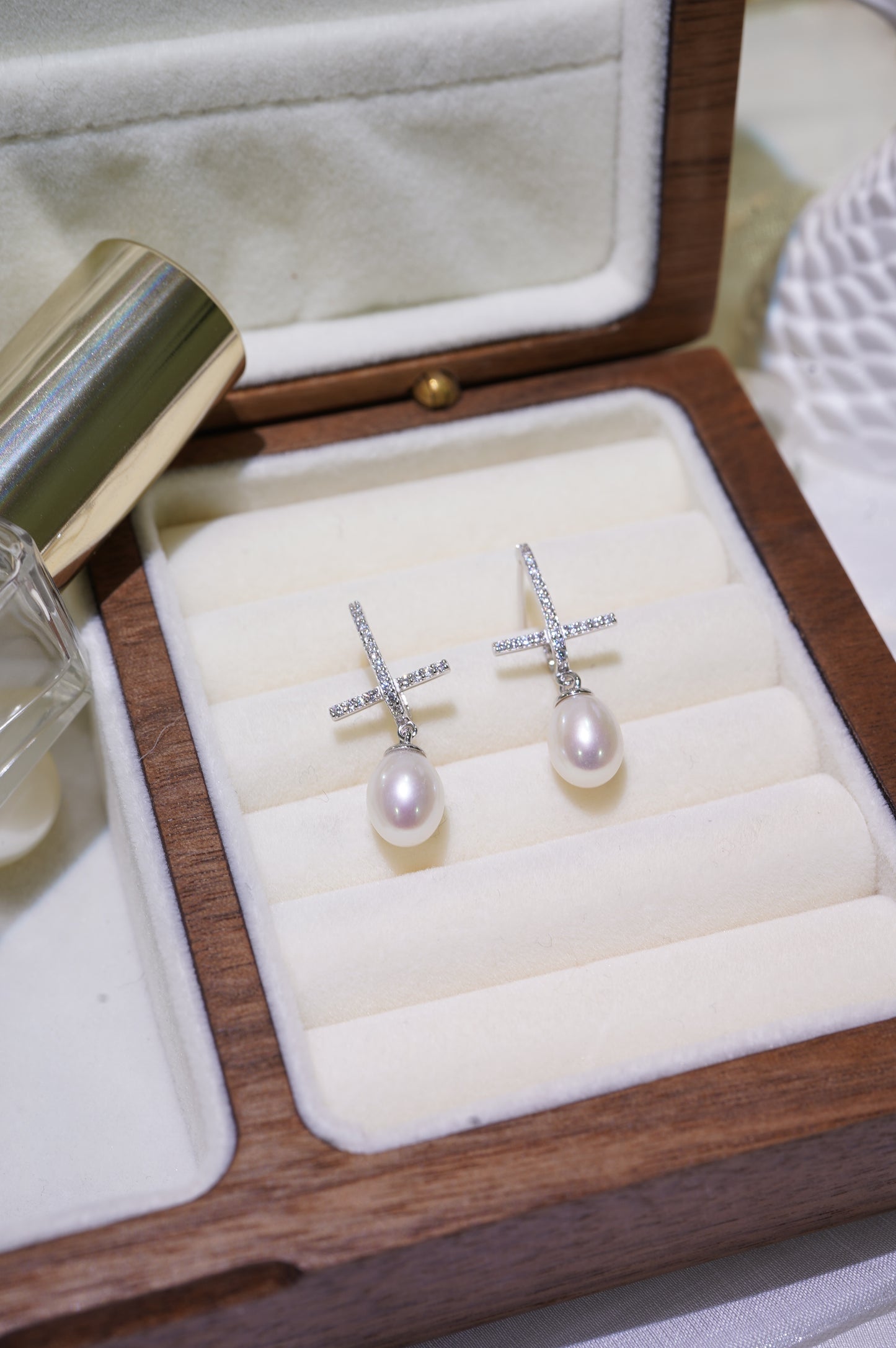 Cross Diamond Freshwater Pearl Earrings