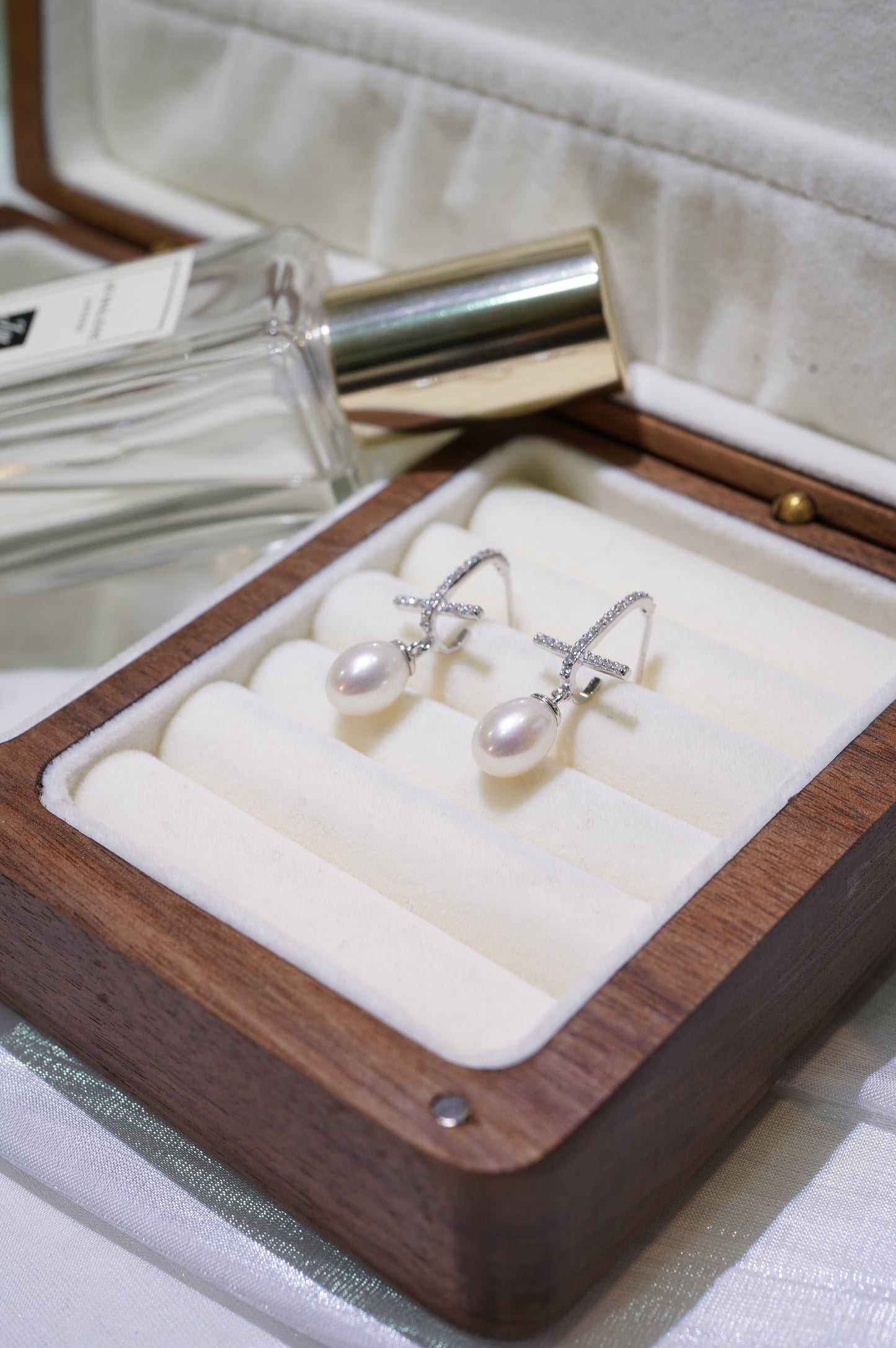 Cross Diamond Freshwater Pearl Earrings