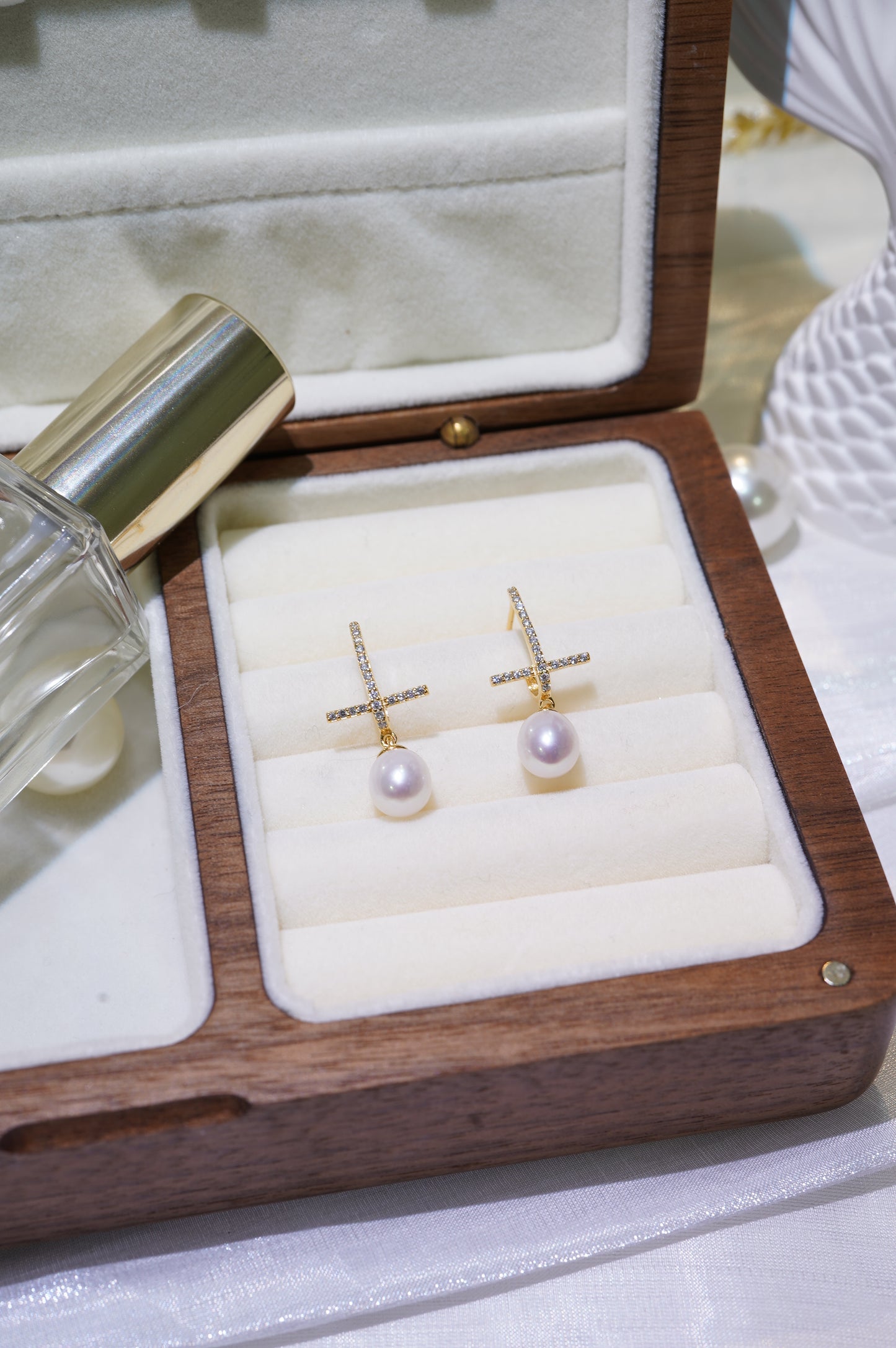 Cross Diamond Freshwater Pearl Earrings