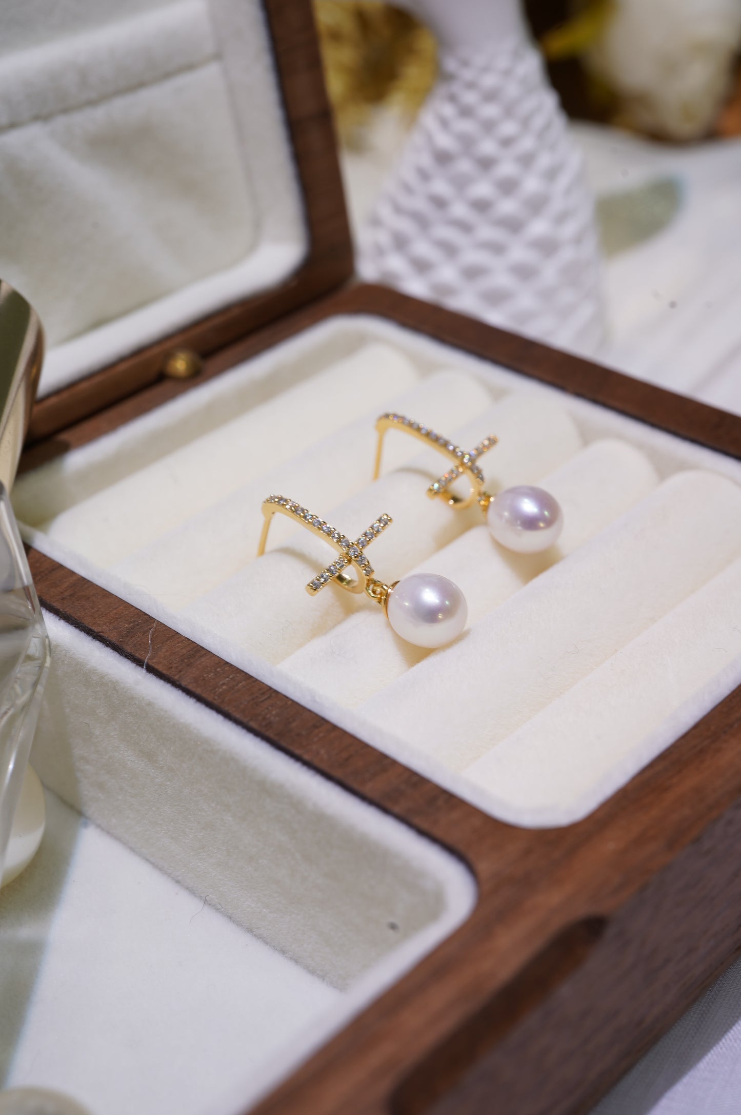 Cross Diamond Freshwater Pearl Earrings
