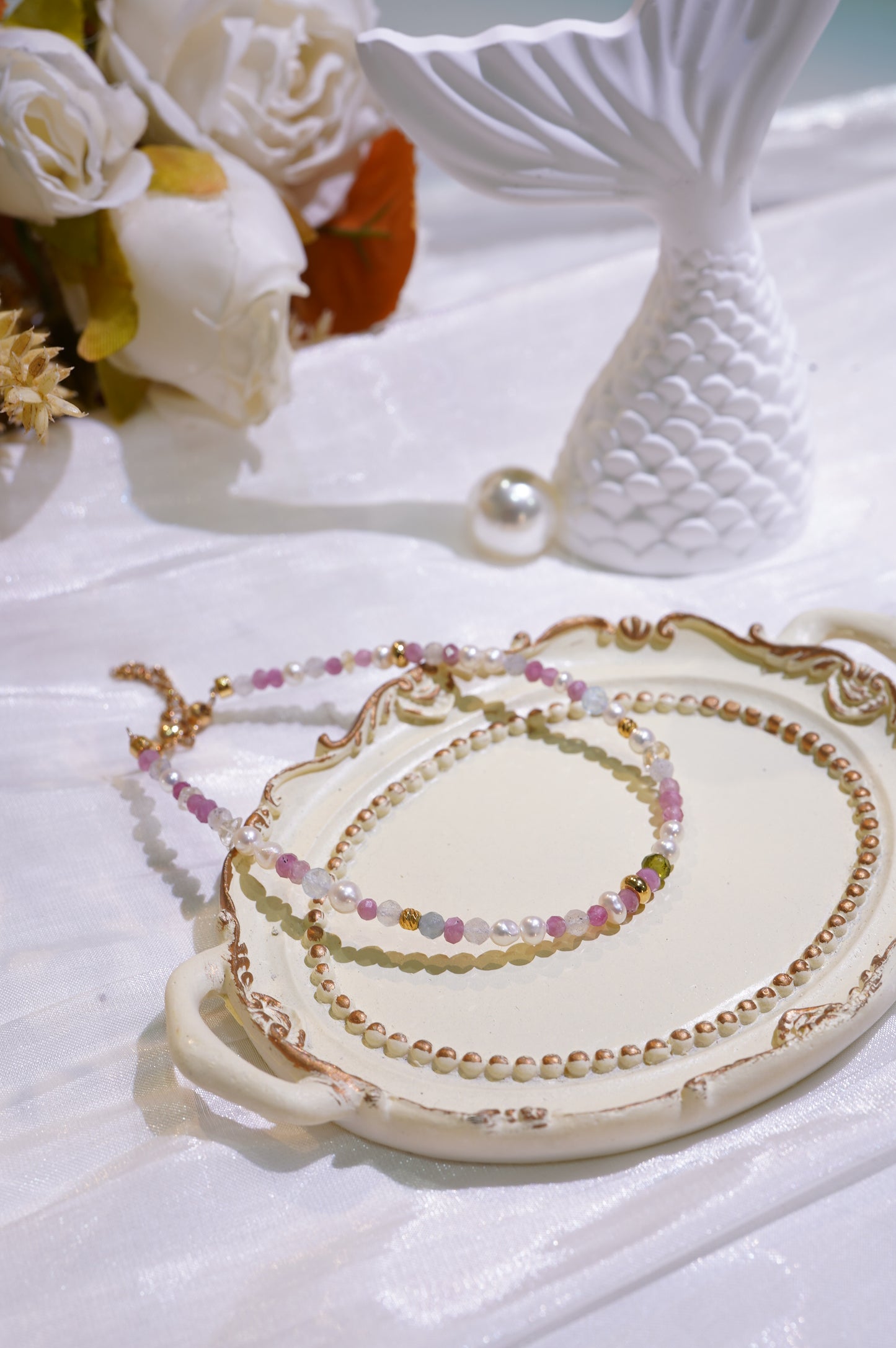 Pink Tourmaline Baby Freshwater Pearls Bracelet