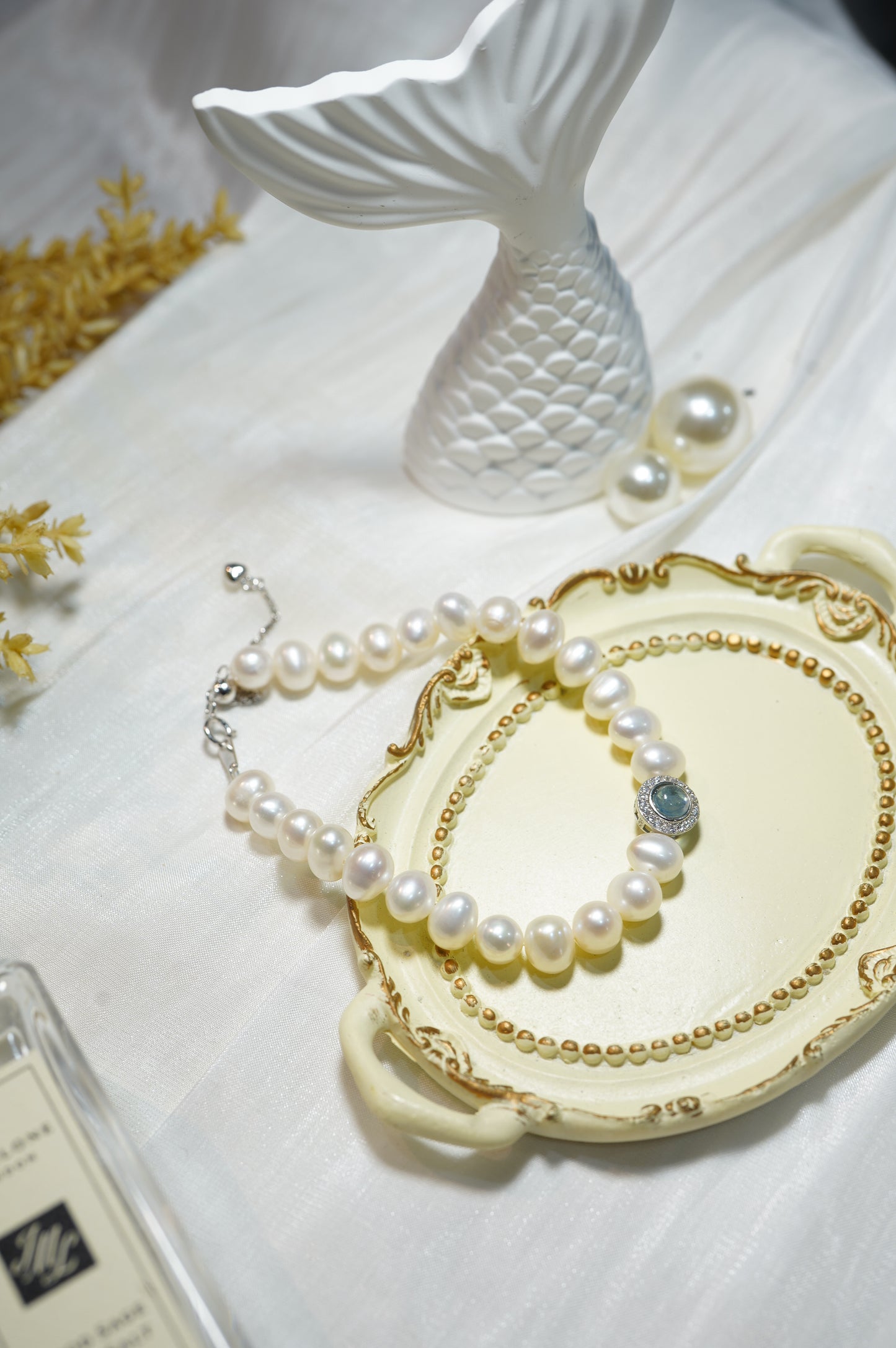 Diamonds Aquamarine Freshwater Pearl Bracelet