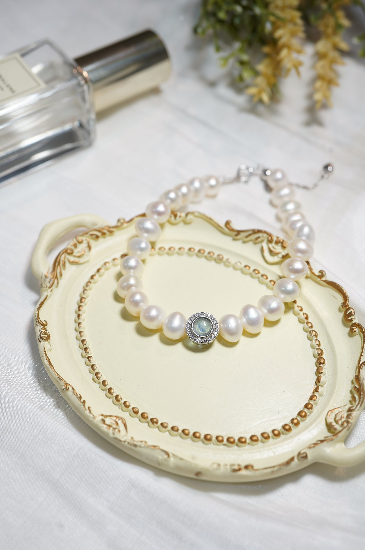 Diamonds Aquamarine Freshwater Pearl Bracelet