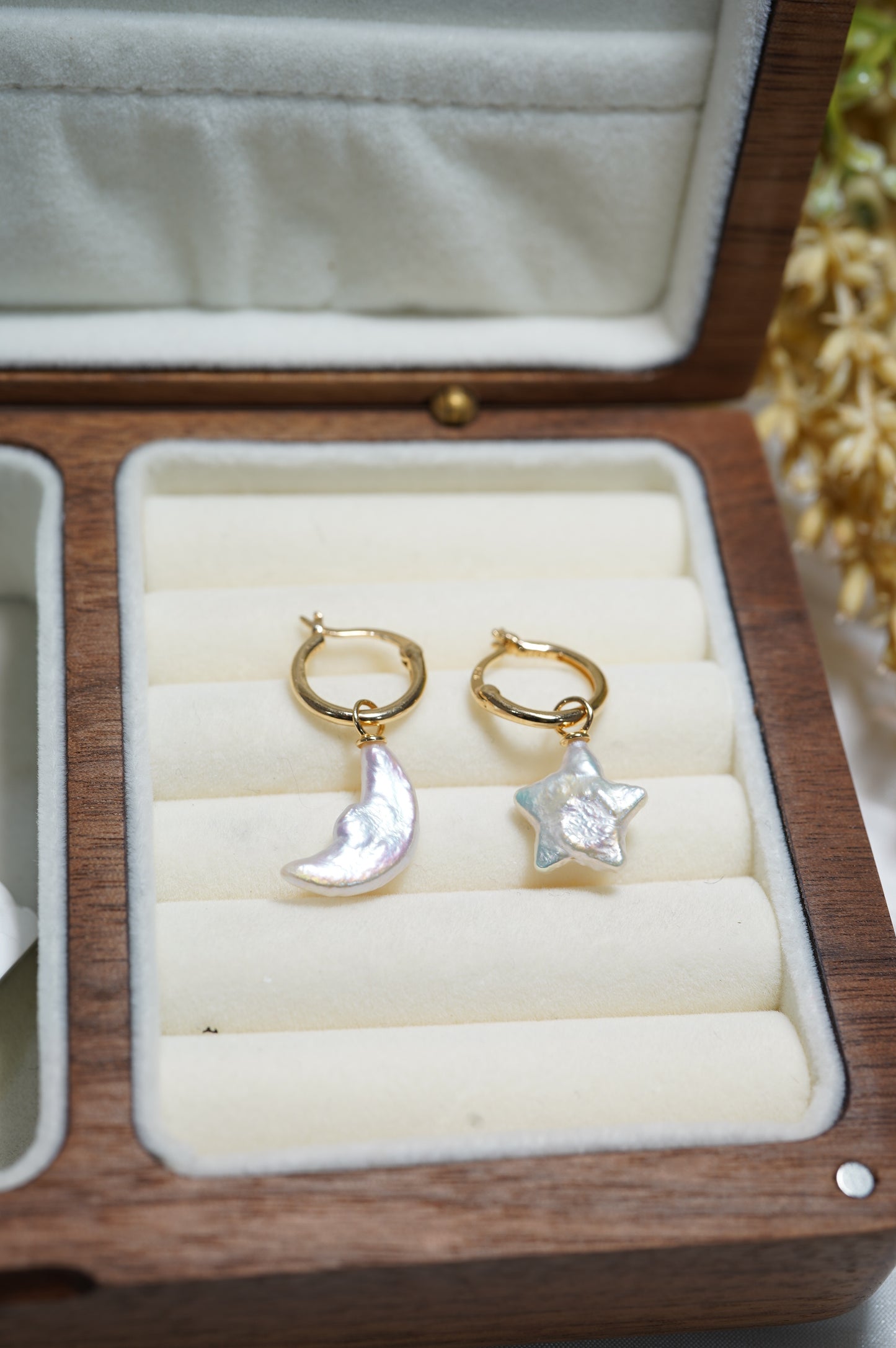 Moon & Star Hoop Freshwater Pearl Earrings