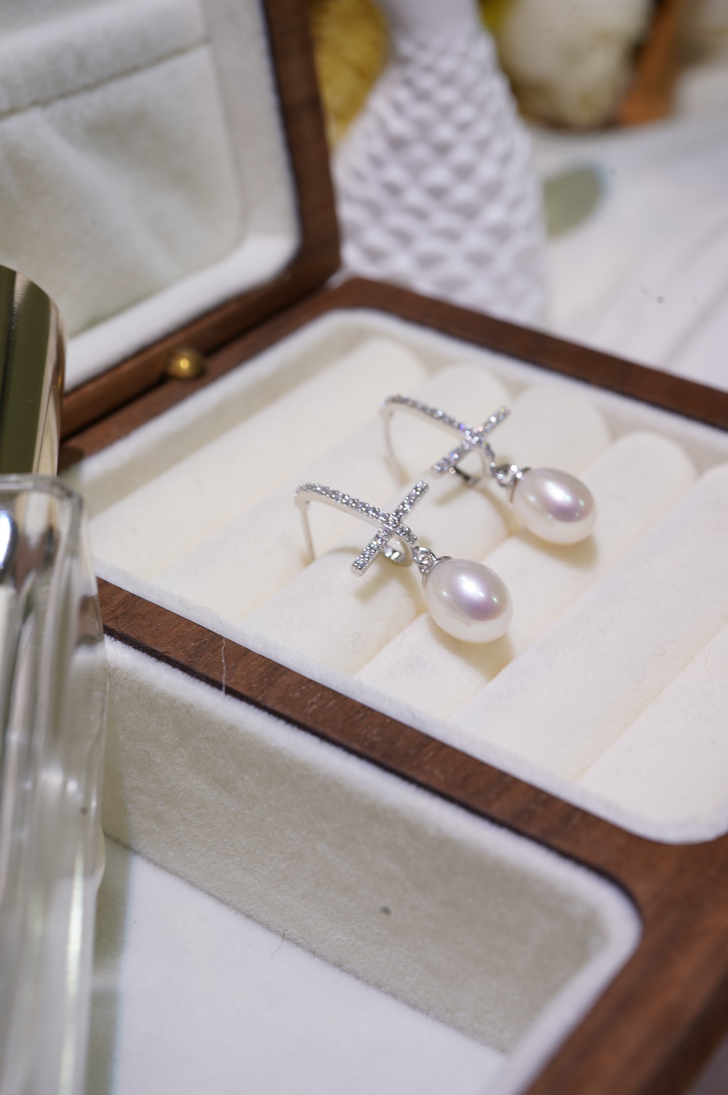 Cross Diamond Freshwater Pearl Earrings