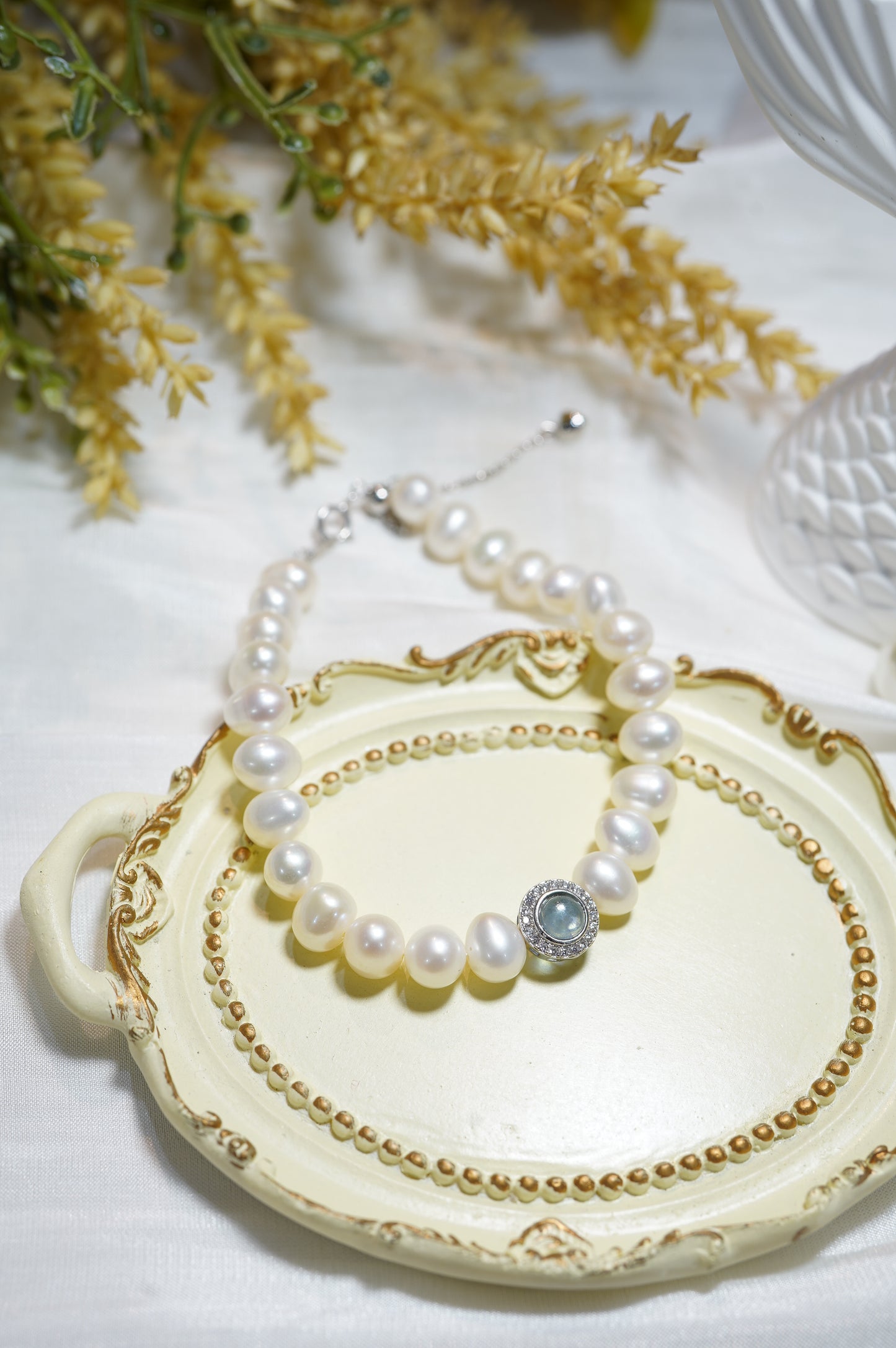 Diamonds Aquamarine Freshwater Pearl Bracelet