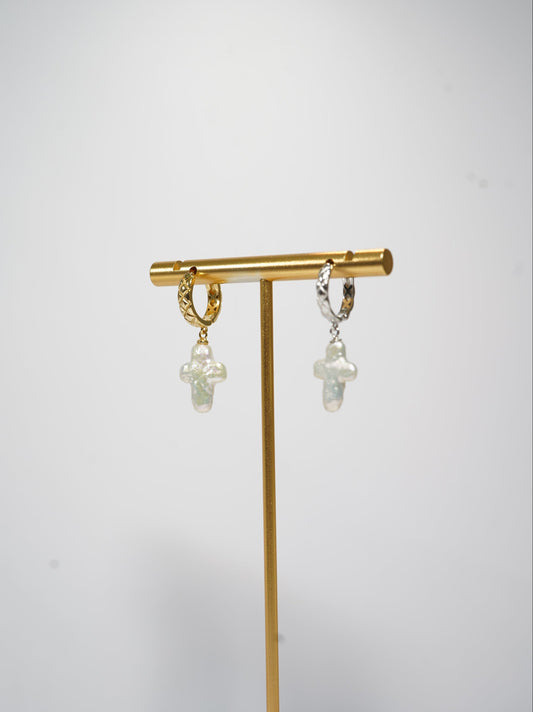 Cross Baroque Freshwater Pearl Hoop Earrings