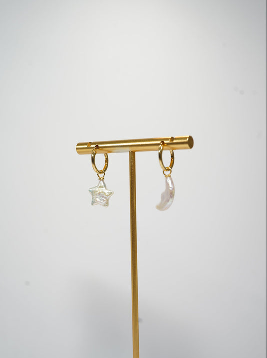 Moon & Star Hoop Freshwater Pearl Earrings