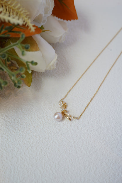 Surprise Half Bow Round Freshwater Pearl Necklace